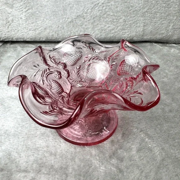 Fenton Ruby Pink Vintage Strawberry Pattern Pedestal Compote Ruffled Edge Glass - Picture 3 of 12